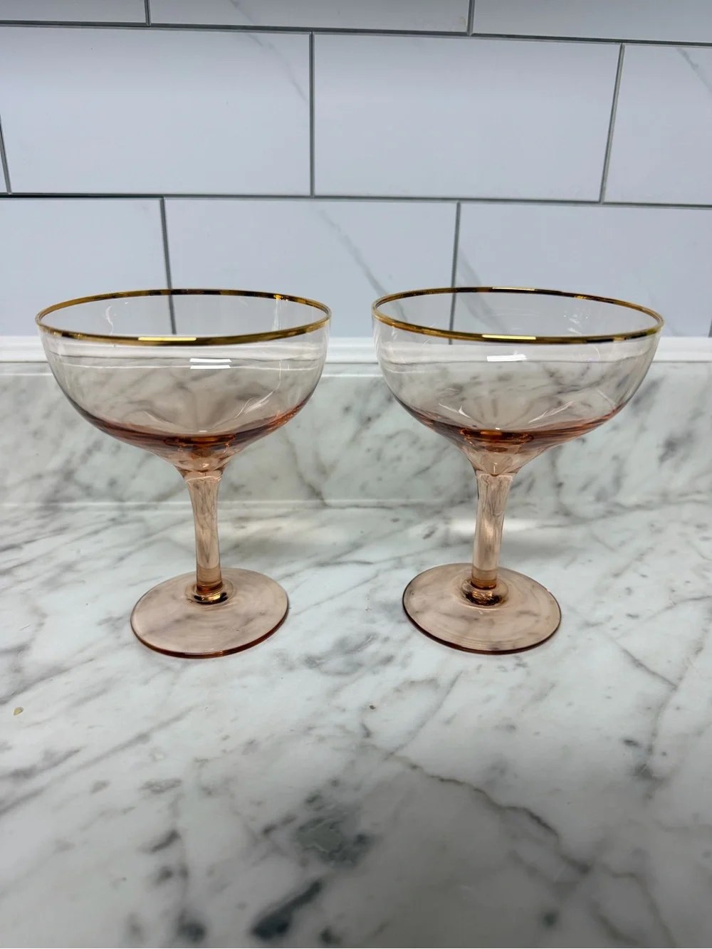Anthropologie Blush Pink Coupe Glasses with Gold Rim - Set of 2